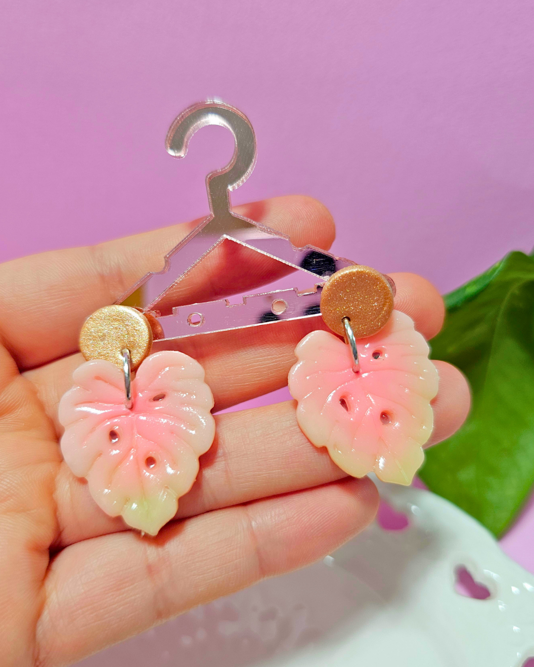 Pink Monstera Earrings